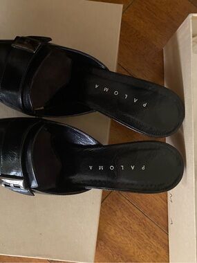 Paloma Black Leather Buckle Slide Mules
